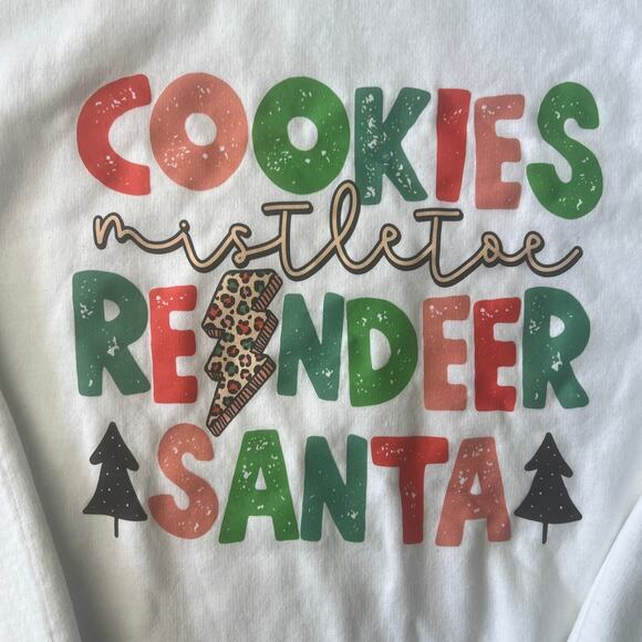 Gildan Heavy Blend White Christmas Sweatshirt Cookies Mistletoe Reindeer Santa M - Picture 3 of 9